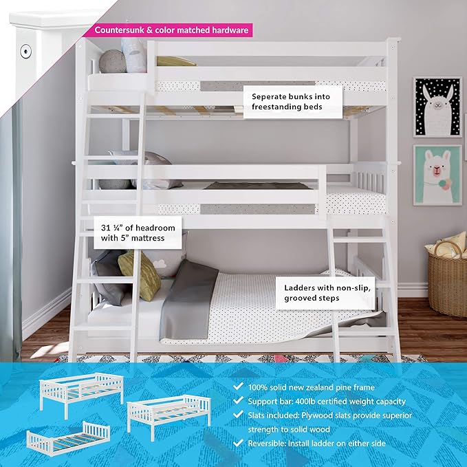 Max & Lily Triple Twin Bunk Bed, Solid Wood Bed Frame - Image 3