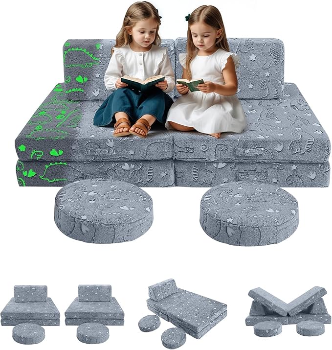 MeMoreCool 8-Piece Kids Modular Play Couch — Glow-in-The-Dark Dinosaur Foam by MeMoreCool