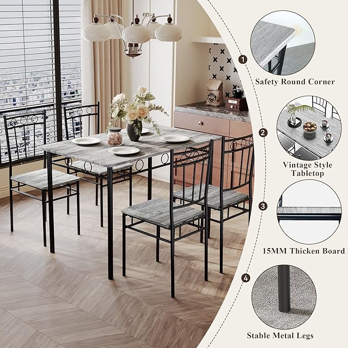 5 Piece Dining Table Set, Modern Metal&Wood Kitchen Dinner Table - Image 5