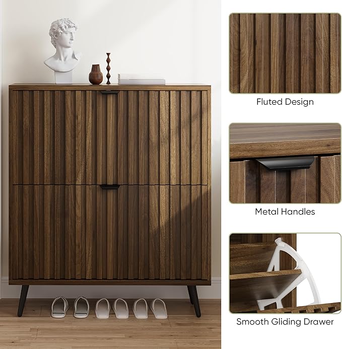 Smuxee Shoe Cabinet with 2 Flip Drawers, 31.5" Walnut Hidden Shoe Storage - Image 5