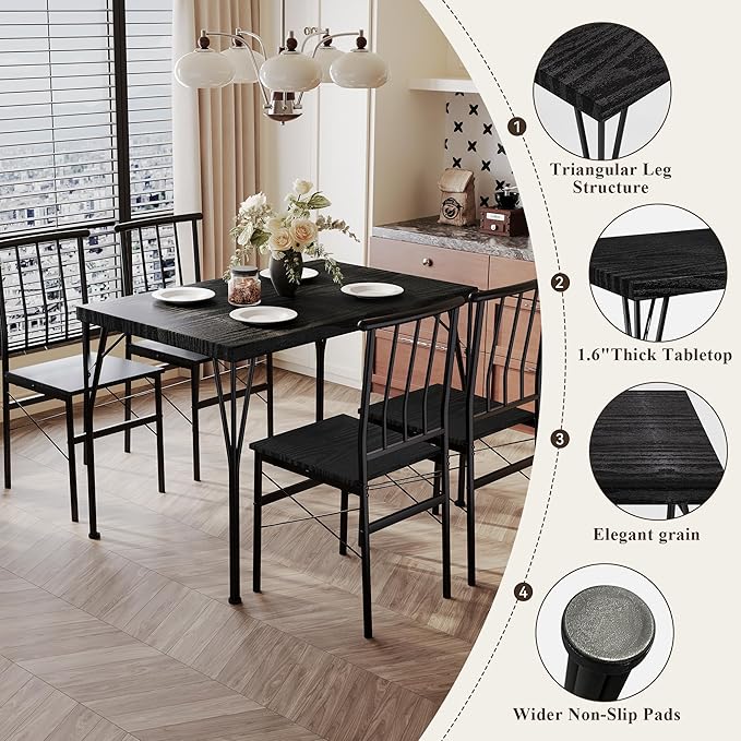 5 Piece Dining Table Set with 1.6" Thick Desktop, Modern Metal&Wood Kitchen - Image 5