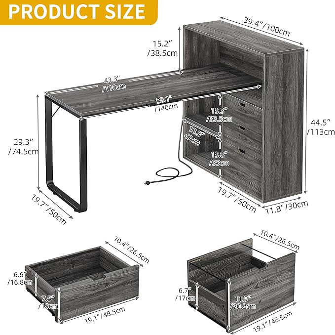 DWVO L Shaped Desk with Drawers, Home Office Desk with Storage Shelves - Image 2