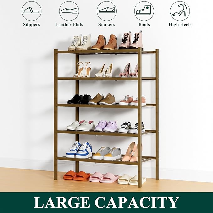 Smiry Shoe Rack, 5 Tier Thick Bamboo Shoe Organizer, Stackable Free Standing - Image 6