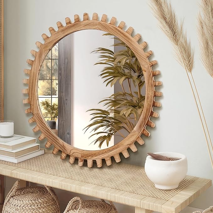 ULIKE Round Wood Mirror, 24 Inch Rustic Farmhouse Circle Mirror - Image 9