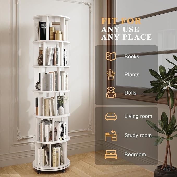 6 Tier Bookshelf Tower, 360° Solid Wood Spinning Bookcase - Image 4