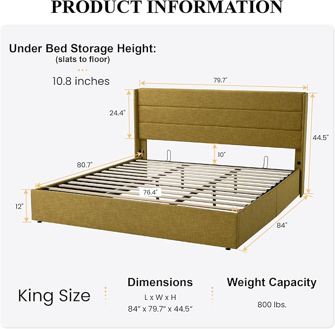 SHA CERLIN King Size Lift Up Storage Bed/Modern Wingback Headboard/Upholstered - Image 2