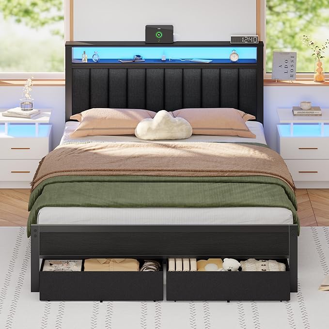 Furnulem Queen Bed Frame with Charging Station and LED Lights, Metal Platform by Furnulem