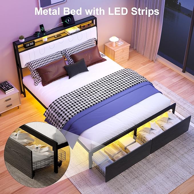 Queen Bed Frame with Storage Headboard, Metal Platform Bed Frame with LED - Image 5