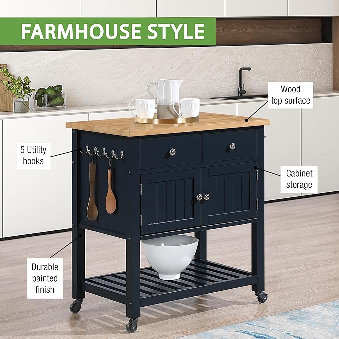 OSP Home Furnishings Stirling Farmhouse Kitchen Cart, Rolling Storage Cabinet - Image 3
