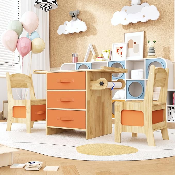 Pine Wood Kids Table and Chair Set 3 in 1 Wooden Toddler Table - Image 7