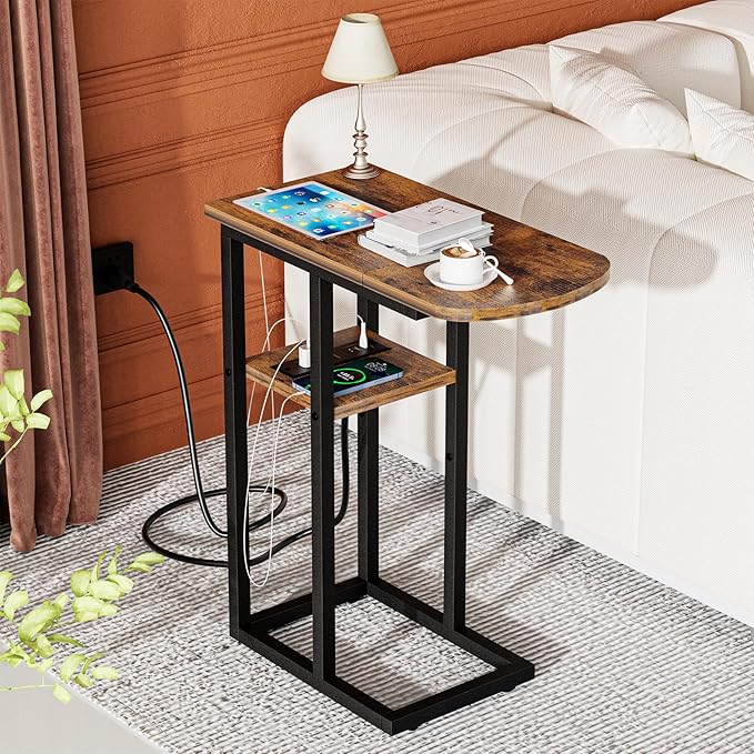 C Shaped End Table with Charging Station, Side Table - Image 2