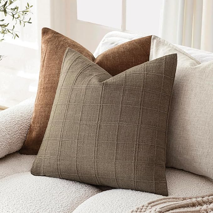 Foindtower Set of 2 Decorative Linen Check Throw Pillow Covers Neutral - Image 5