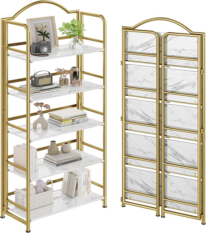 No-Assembly Gold Folding Bookshelf Storage Shelves 5 Tiers Vintage by THKKYHomeOfficeFurniture