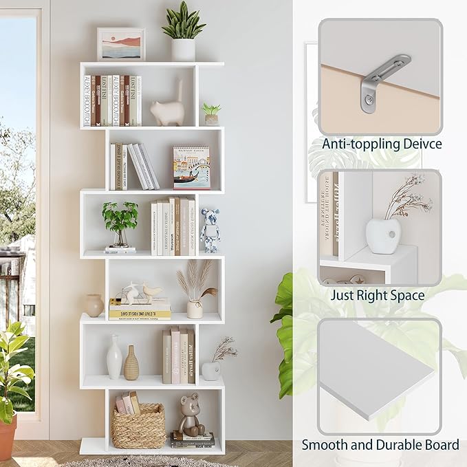 Yusong S Shaped Bookshelf, Modern Geometric Bookcase, 6-Tier White Display Case - Image 5