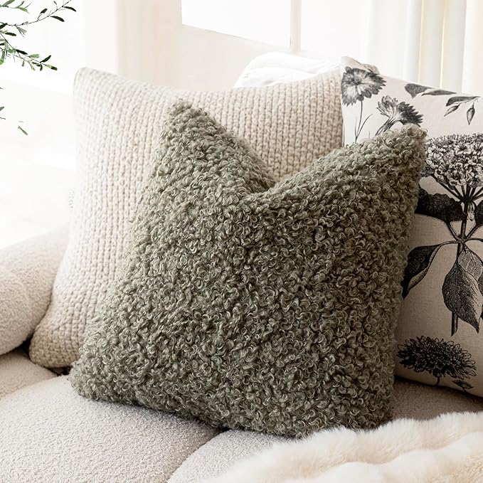 Foindtower 2 Pieces 24x24 Inch Sage Green, Faux Fur Throw Pillow Cover Accent - Image 3