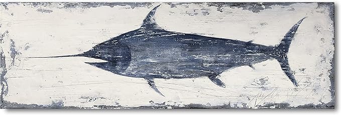 Yihui Arts Indigo Blue Swordfish Canvas Wall Art Painting Pictures - Image 2