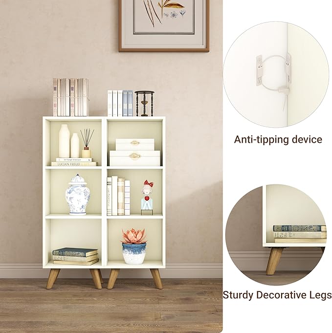 Manora Small Bookcase with 3 Open Shelves, Modern White Bookshelf with Wooden - Image 4