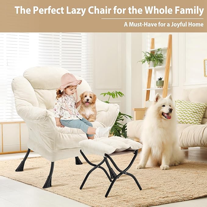Lazy Chair with Folding Ottoman, Accent Chair Plush Upholstered with Metal - Image 4