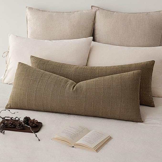 Foindtower Set of 2 Decorative Linen Check Throw Pillow Covers Neutral Long by Foindtower