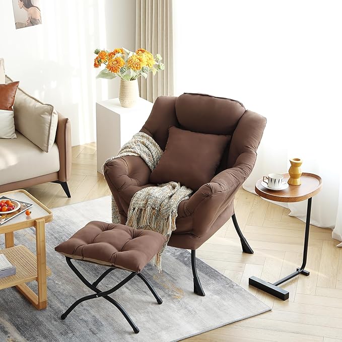 Lazy Chair with Ottoman, Comfy Reading Chair with Footstool & Pillow Modern - Image 2