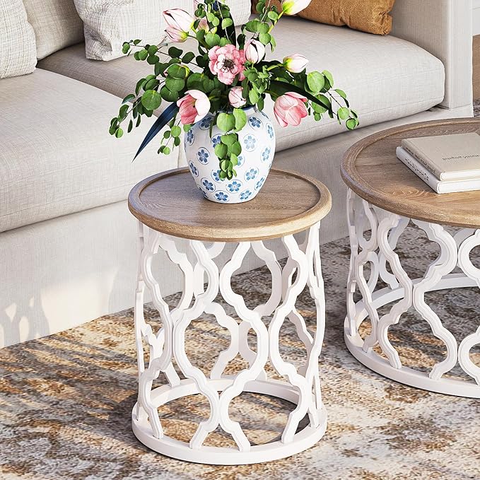 Farmhouse End Table, 18.5'' French Country Round Side Table, Distressed Tray - Image 4