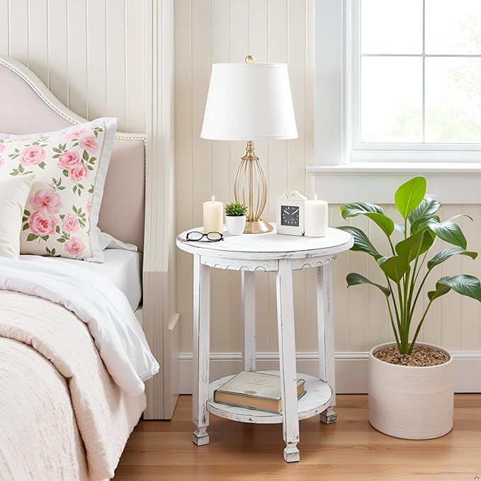 Rustic Cottage Round End Table w/ 1 Shelf, Farmhouse Style - Image 5