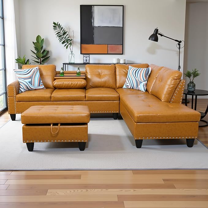 Couches for Living Room PU Leather L Shaped Couch Comfy 3 Pieces Sectional Sofa by LynginsCreativeLife