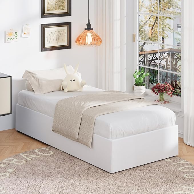 16 Inch Twin Bed Frames with White Skirt Cover, Metal Twin Size Bed Frame with - Image 3
