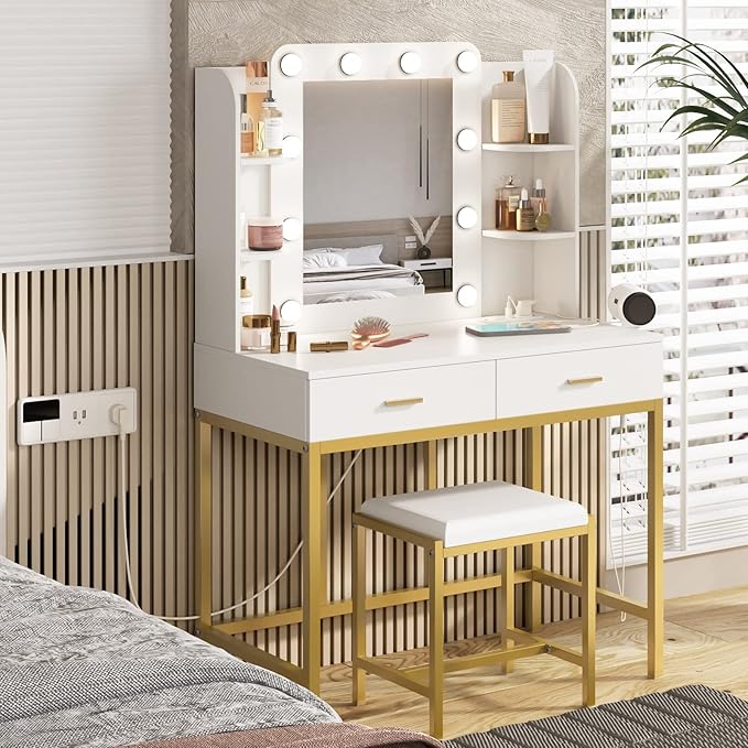 Vabches Vanity Desk with Mirror and Lights, with Charging Station, Makeup - Image 8