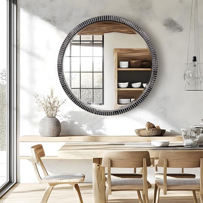 35" Round Wood Mirror, Rustic Circle Wall Mirror - Image 6