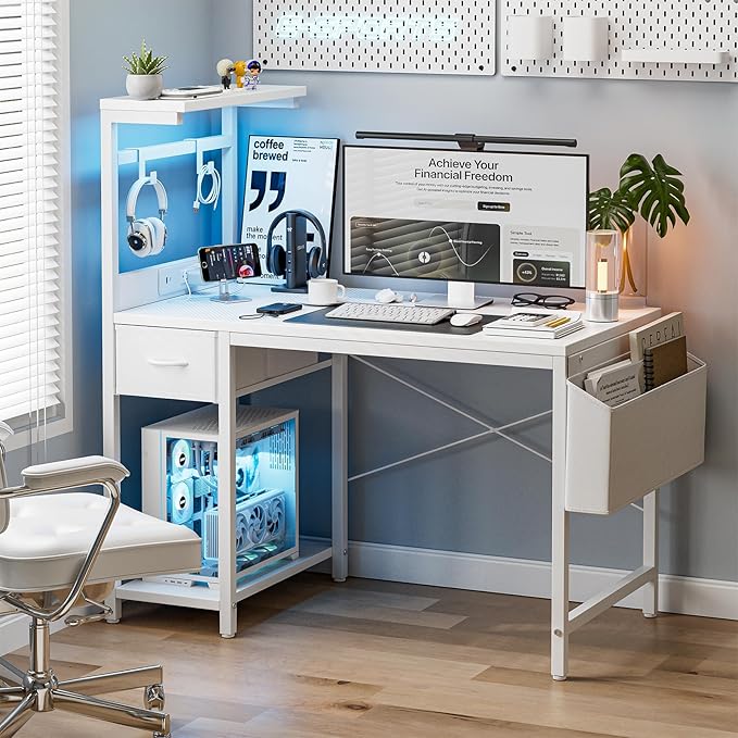 Gaming Desk 47 Inch with Power Outlet and LED Light, Computer Desk with - Image 2