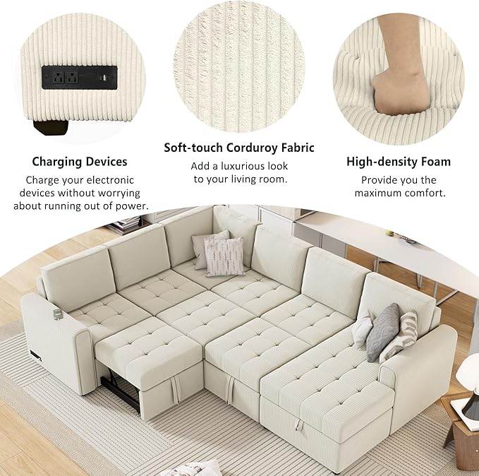 107.5" Corduroy U Shaped Sofa, Sectional Sleeper Couch Pull Out Bed - Image 4