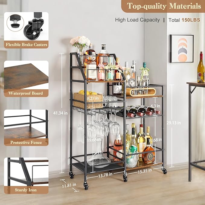 VINAEMO Rolling Bar Cart with Wine Glass Holder, Mini Bar - Image 6