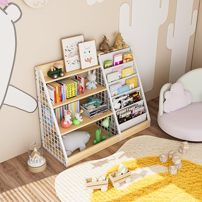 Kids Book Shelf, 4 Tier Wooden Bookshelf, 5 Layer Sling Children Bookcase - Image 5