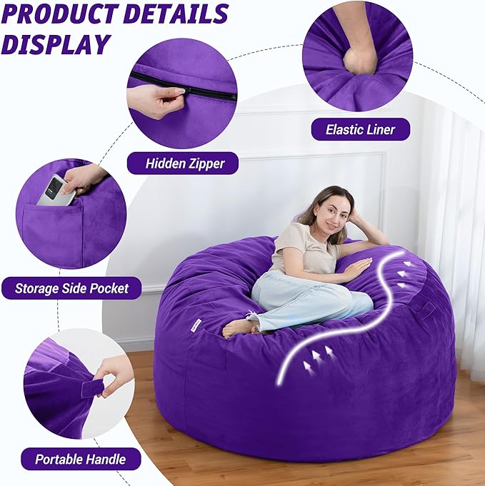 5FT Bean Bag Chair with Ultra Soft Velvet Cover Bean Bag Sofa with Memory Foam - Image 4