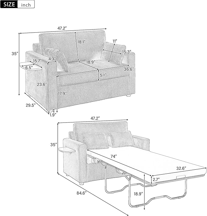Twin Size Sofa Bed 47.2" Sleeper Sofa Loveseat Sofa - Image 2