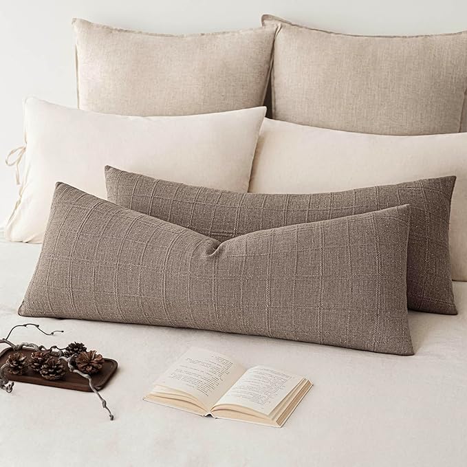 Foindtower Set of 2 Decorative Linen Check Throw Pillow Covers Neutral Long by Foindtower