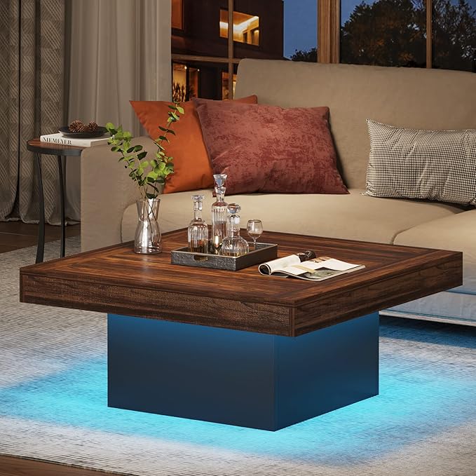 Tribesigns Coffee Table Square LED Coffee Table Engineered Wood Low Center - Image 6