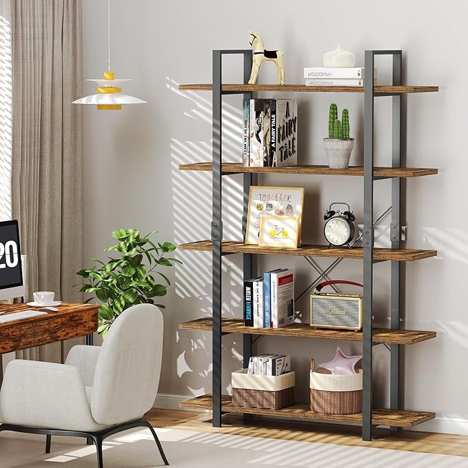 FRAPOW 5 Tier Bookshelf, 70 inch Tall Solid Bookcase Industrial Wooden - Image 9