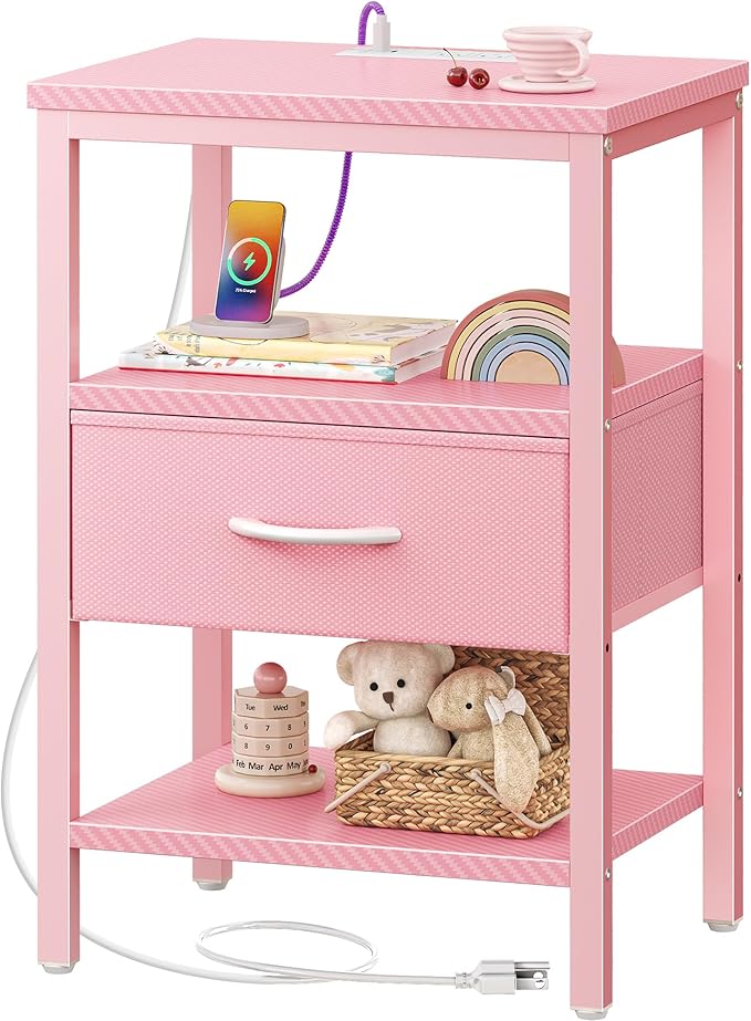 SUPERJARE Nightstand with Charging Station, Bed Side Table with Adjustable by SUPERJARE