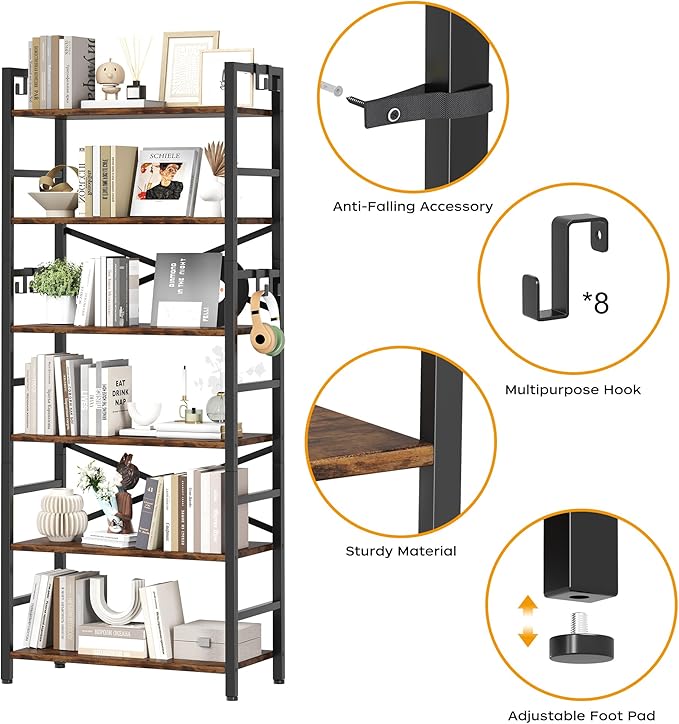 6 Tier Bookshelf, Industrial Bookcase - Image 4