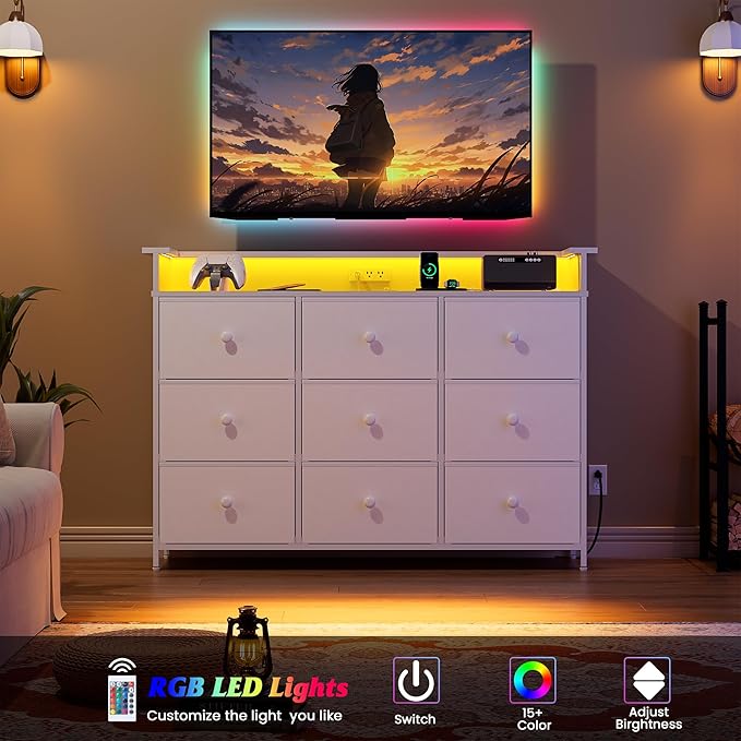 Nicehill 9 Drawer Dresser for Bedroom, Led Light White Dresser, TV Stand for - Image 4