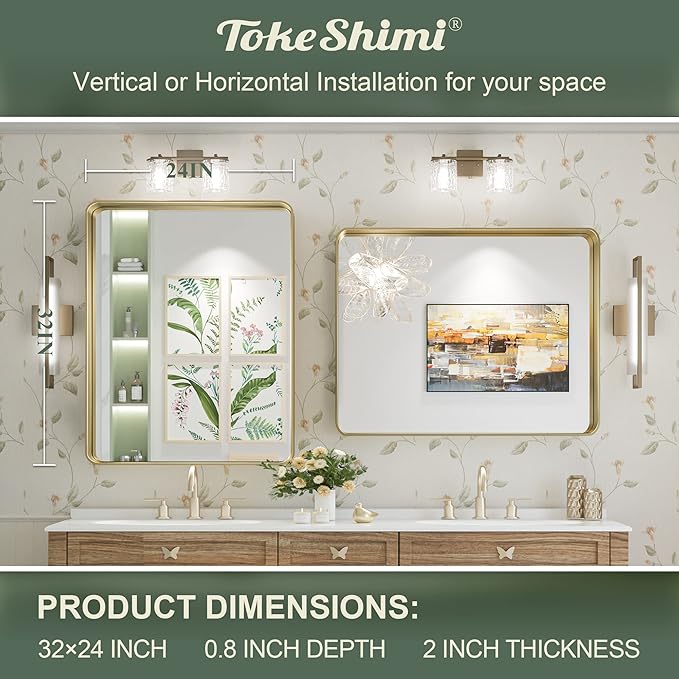 TokeShimi Bathroom Mirror for Wall 24 x 32 Inch Gold Brushed Brass Metal - Image 8