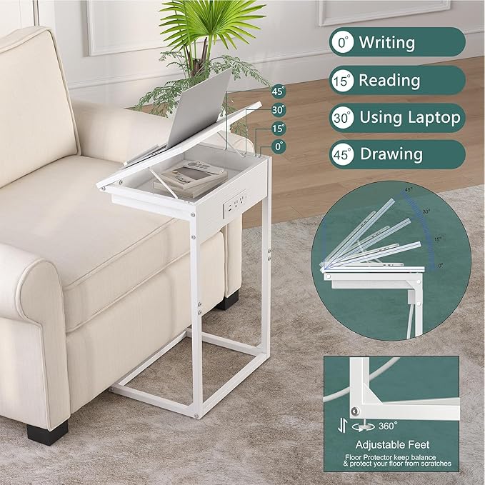 C Shaped End Table with Charging Station, 45° Tiltable Adjustable Flip Top Side - Image 4