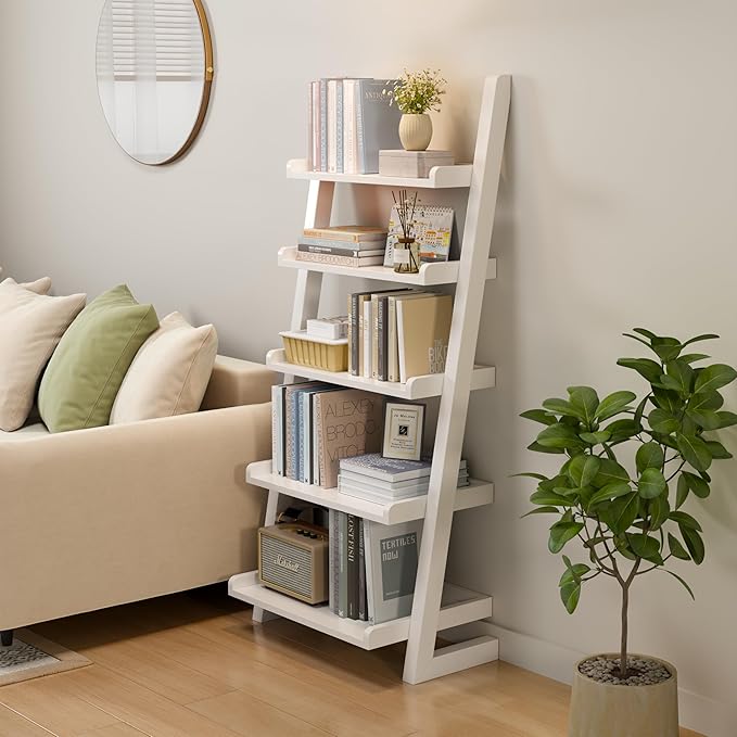 White Wooden Ladder Shelf with Edges, 5-Tier Modern Leaning Bookshelf Ladder – by AQIMUELE-Solidwoodfurniture