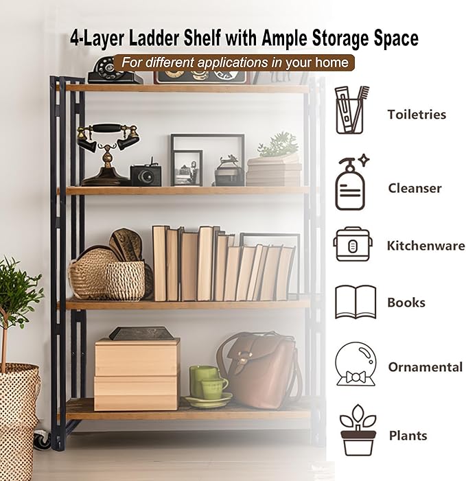 47" 4-Tier Bookshelf Rustic Wood and Metal Industrial Bookshelf - Image 6
