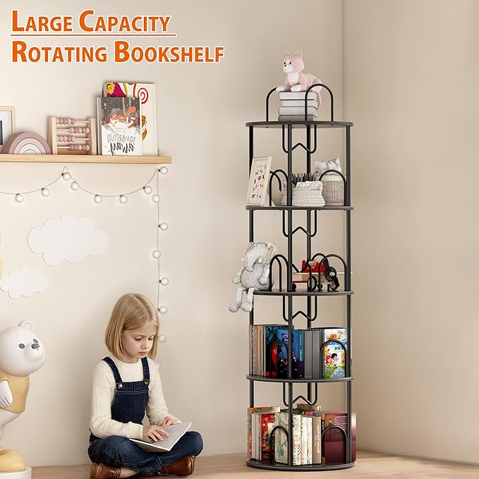 4 Tier Rotating Bookshelf, 360° Spinning Bookshelf Tower, Round Narrow Space - Image 4