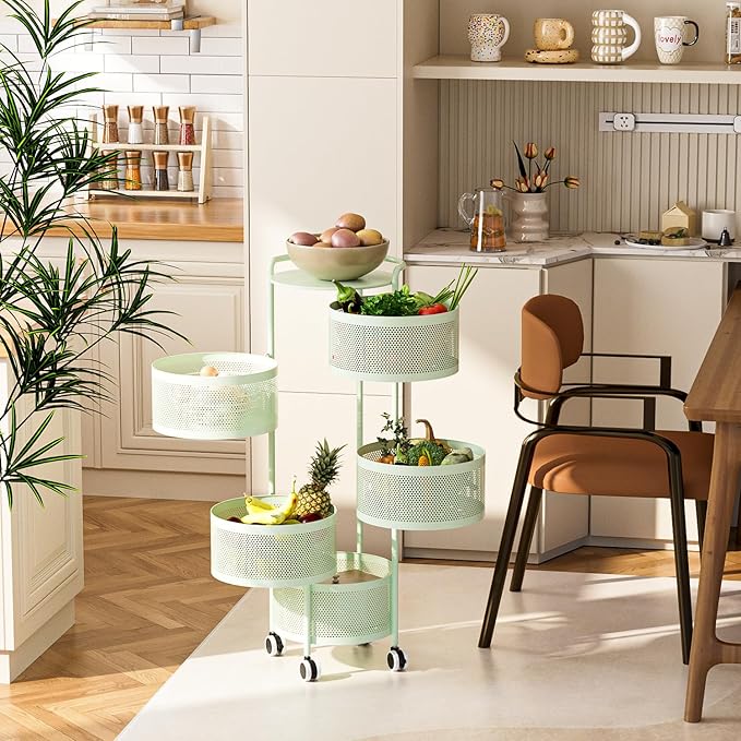 JAQ Rotating Fruit Basket, 5-Tier Metal Sturdy Kitchen Storage Rack Shelf Carts - Image 4