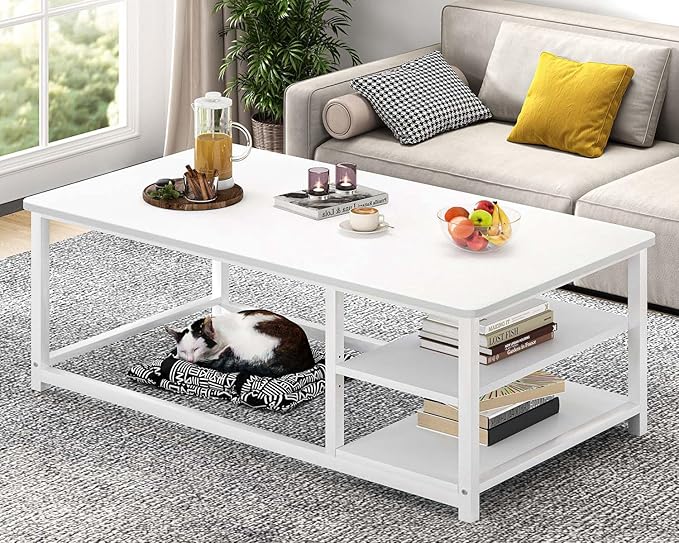 EXCEFUR White Coffee Table, Modern Rustic Wood Center Table - Image 3