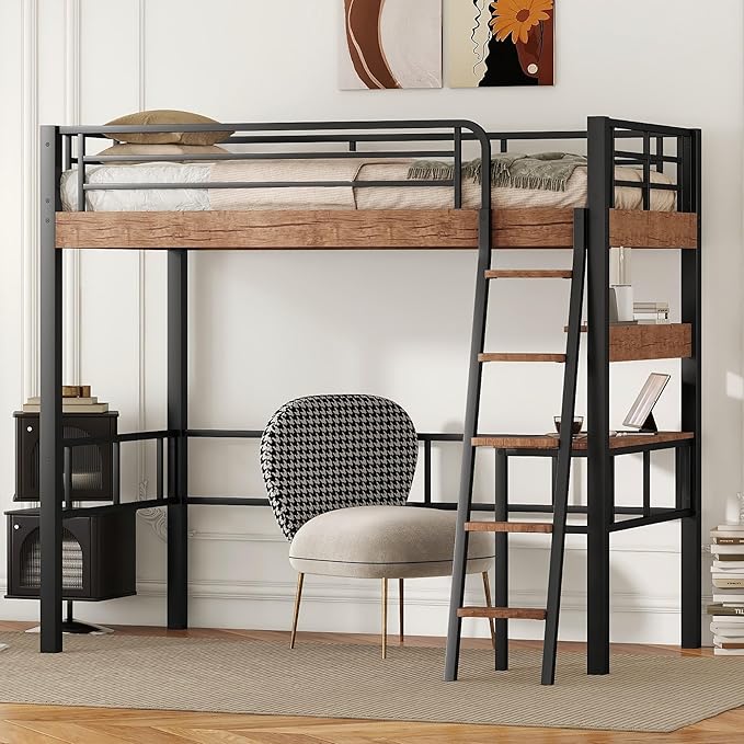 Metal Twin Size Loft Bed with Built-in Desk, Storage Shelf and Ladder, - Image 4